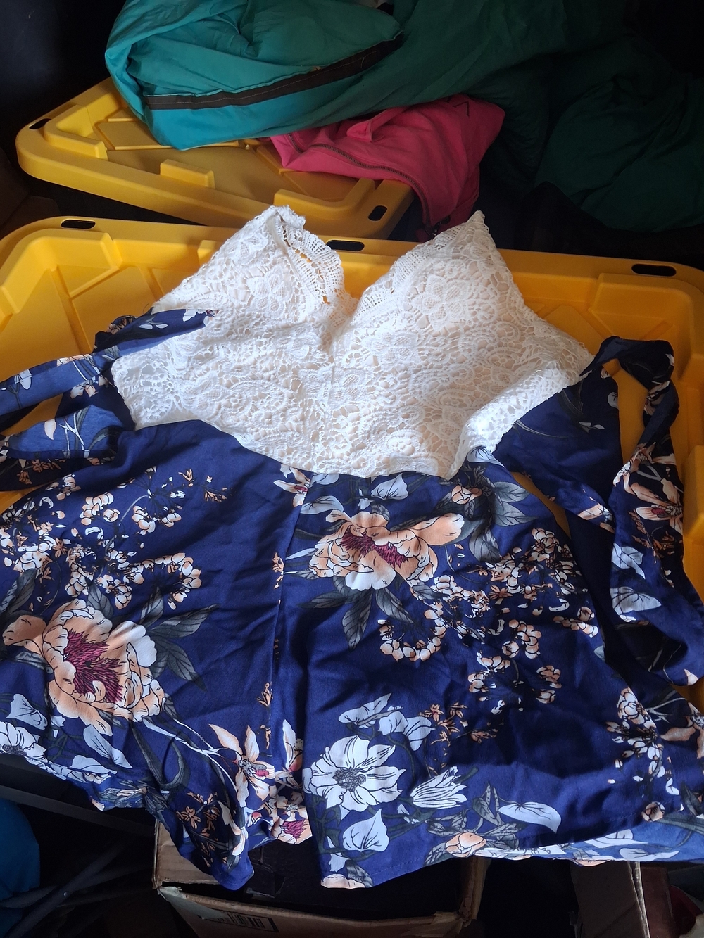 Lace Bodice Floral Romper - Navy & White